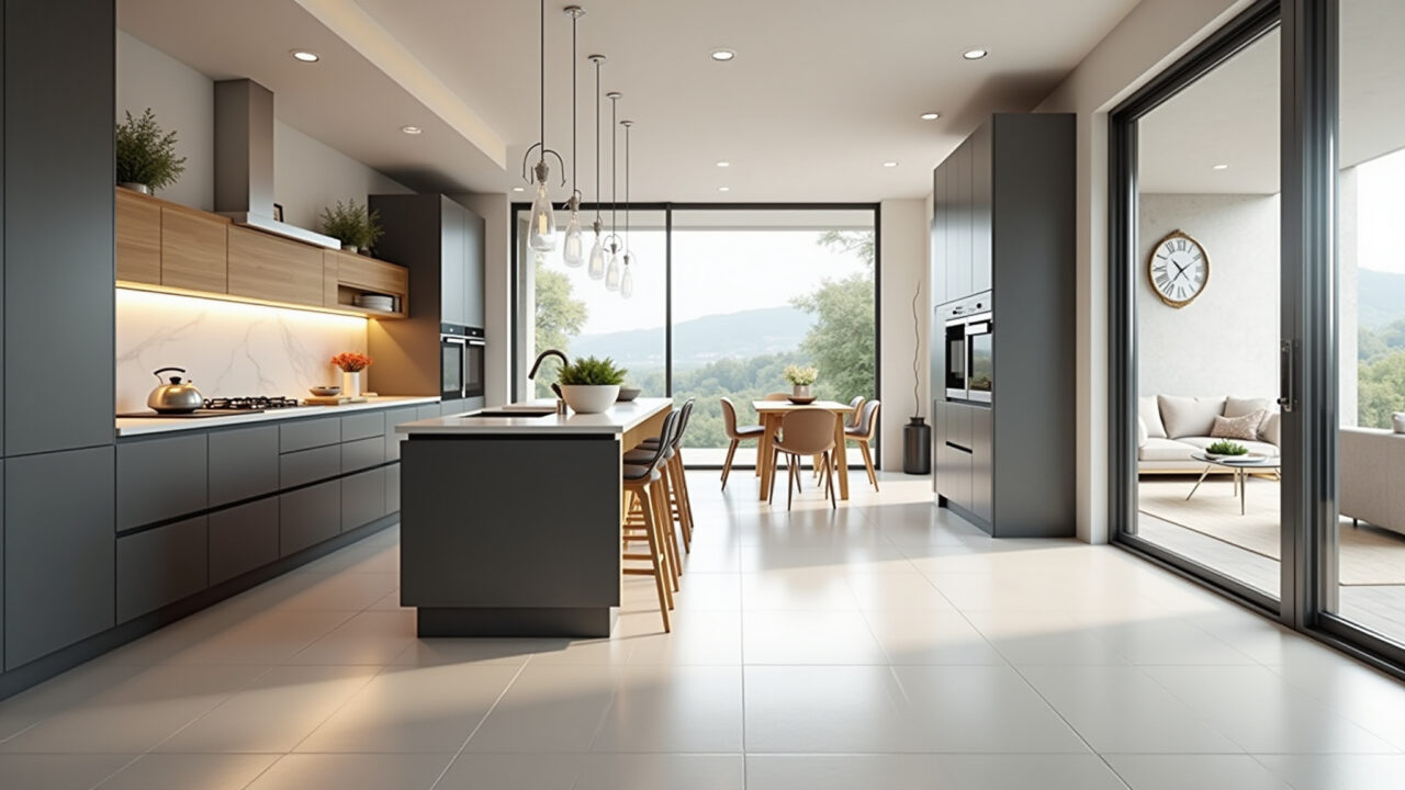 Clean kitchen, porcelain floor, easy cleaning, modern design, natural light, 8K quality, Limpeza fácil do piso de porcelanato na cozinha.