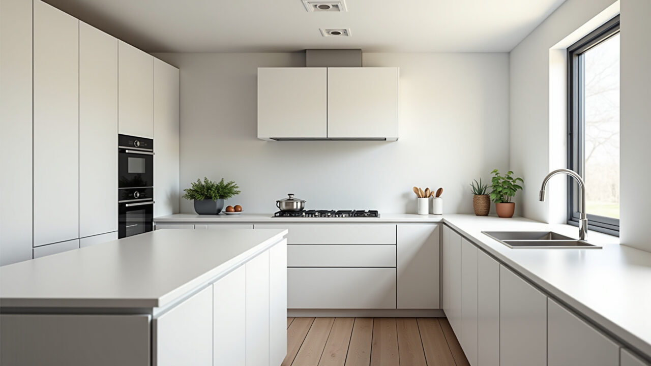 Clean modern kitchen, minimalist design, white quartz countertop, handleless cabinets, natural Cozinha moderna e clean com design minimalista.