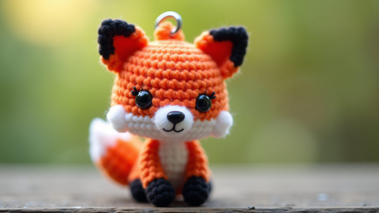 Chaveiro de amigurumi de raposa fofo e colorido.