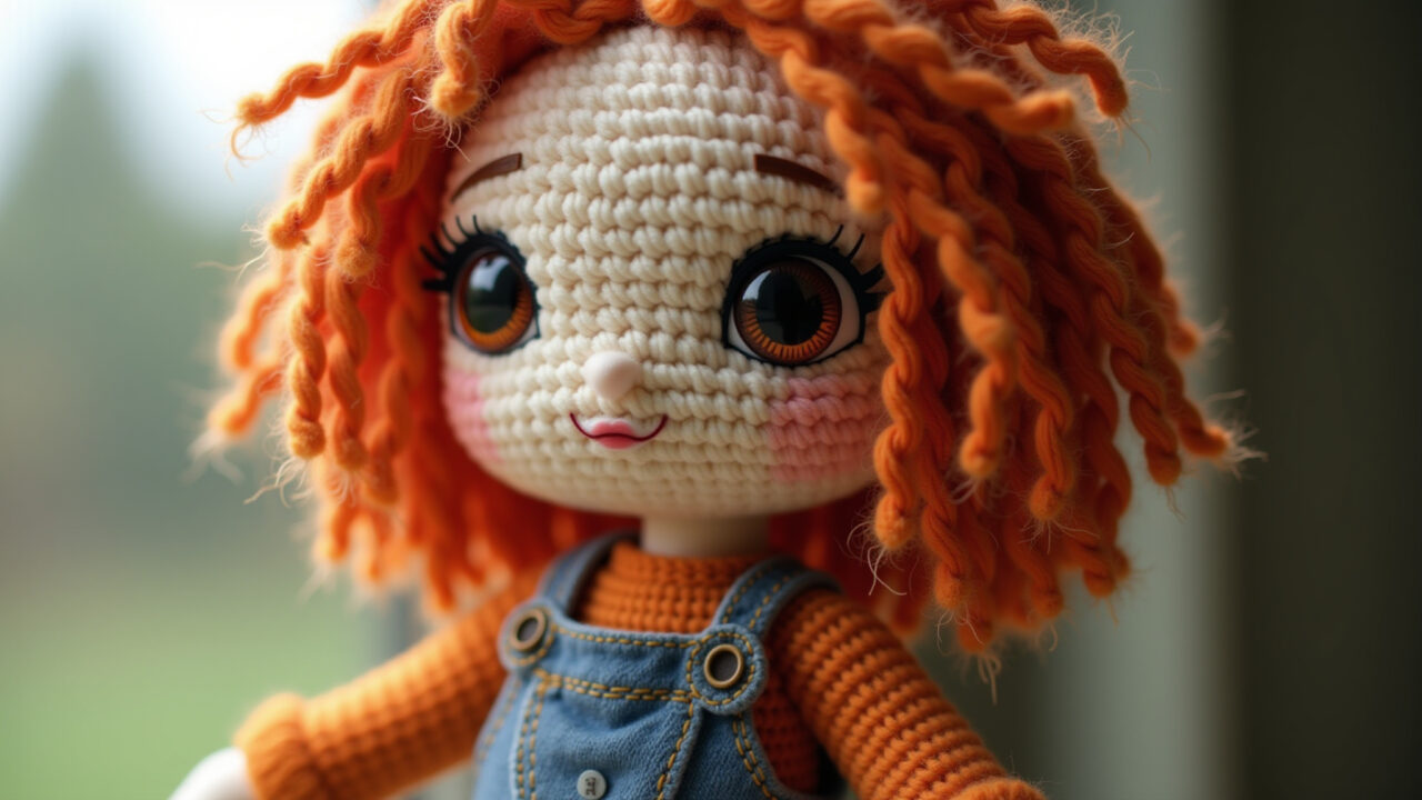 Close-up, amigurumi doll with rustic yarn hair, simple loop technique, natural light, warm tones, Amigurumi com cabelo de laçada simples