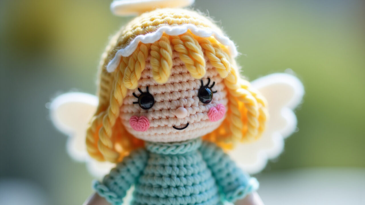 Close-up, angel amigurumi, pastel colors, crochet details, soft natural light, handcrafted, serene Amigurumi anjo da guarda personalizado em tons pastel.