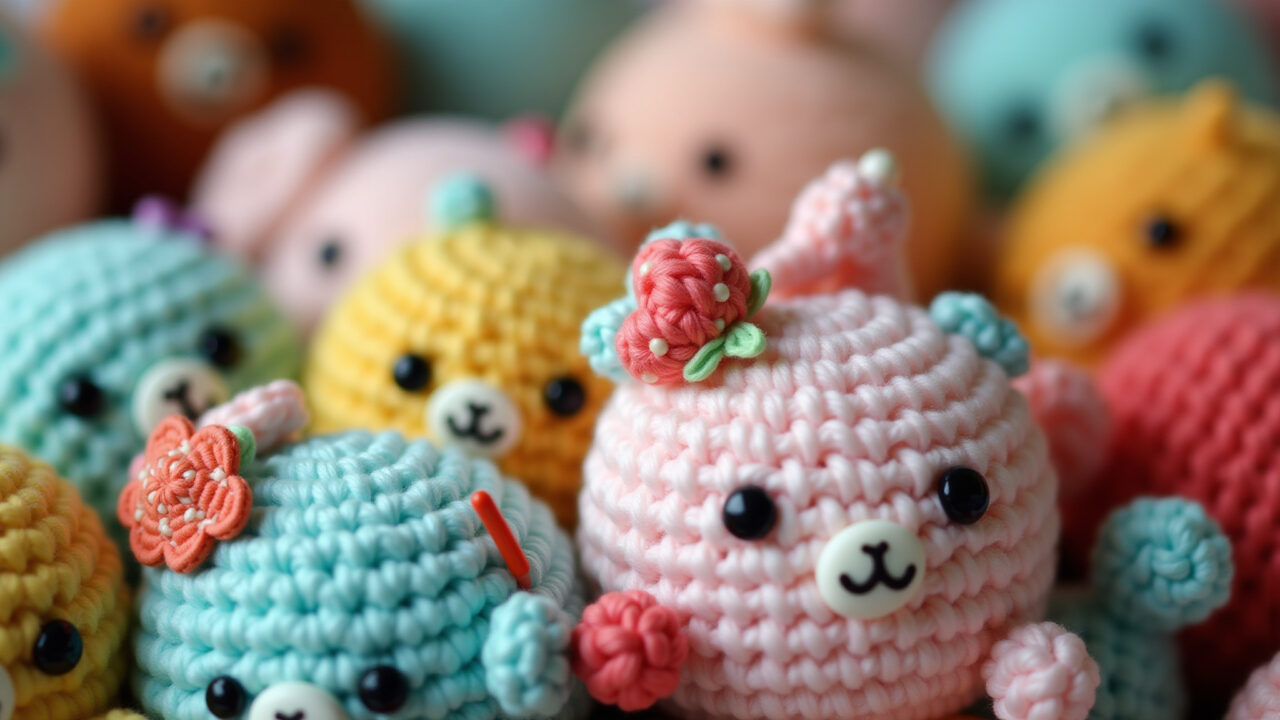 Close-up, artisan crafting personalized amigurumi packaging with child-themed decorations, vibrant Embalagem infantil personalizada para amigurumi.