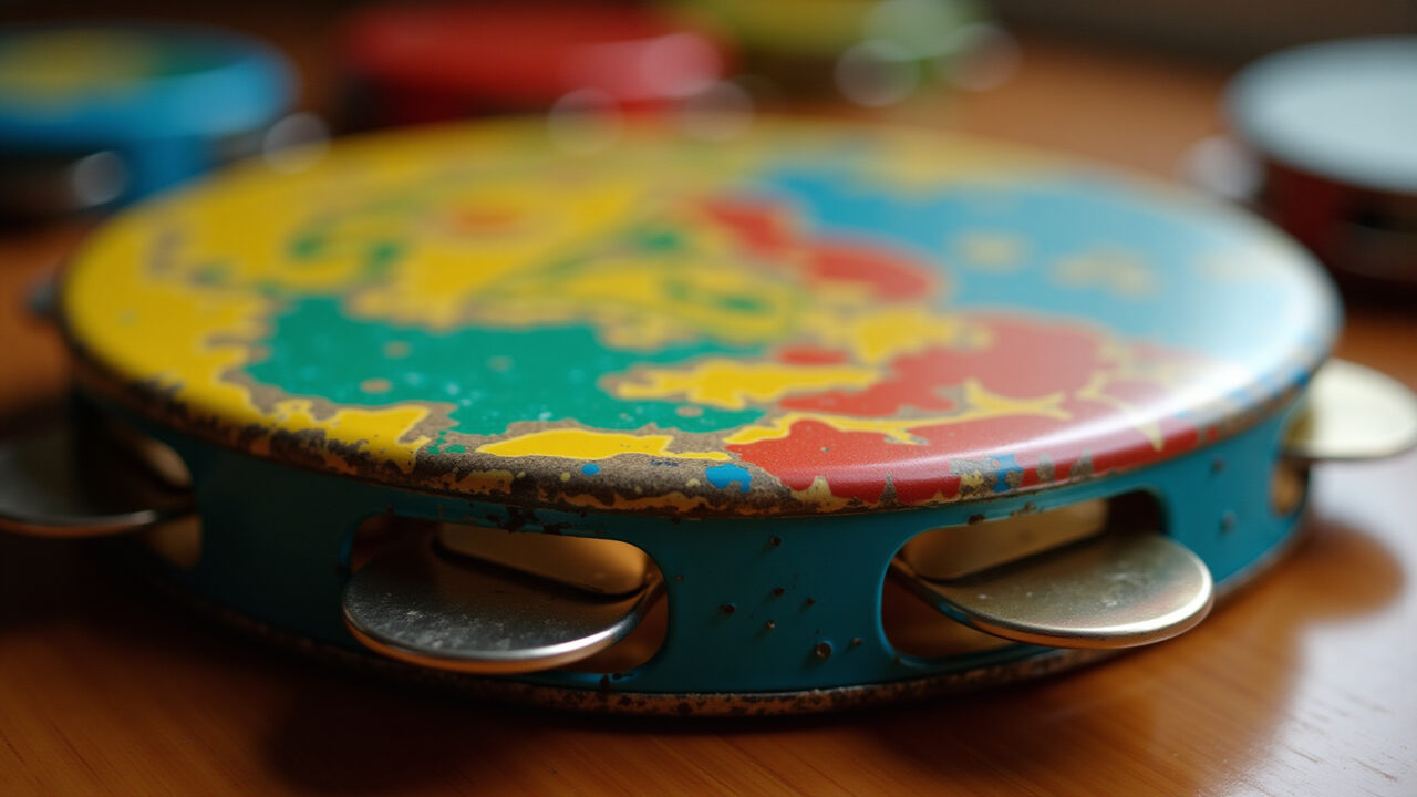 Pandeiro de tampinhas de garrafa com cores vibrantes.