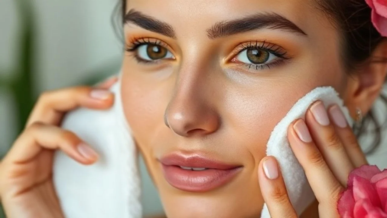 Mulher brasileira aplicando tônico facial caseiro com algodão, mostrando pele radiante e ingredientes naturais.