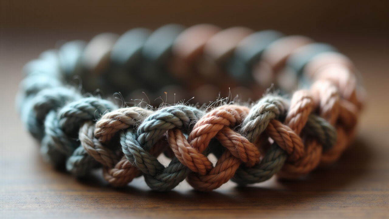 Close-up, commercial photography of a durable macrame bracelet made with waxed thread, focus on Pulseira de macramê durável feita com linha encerada.