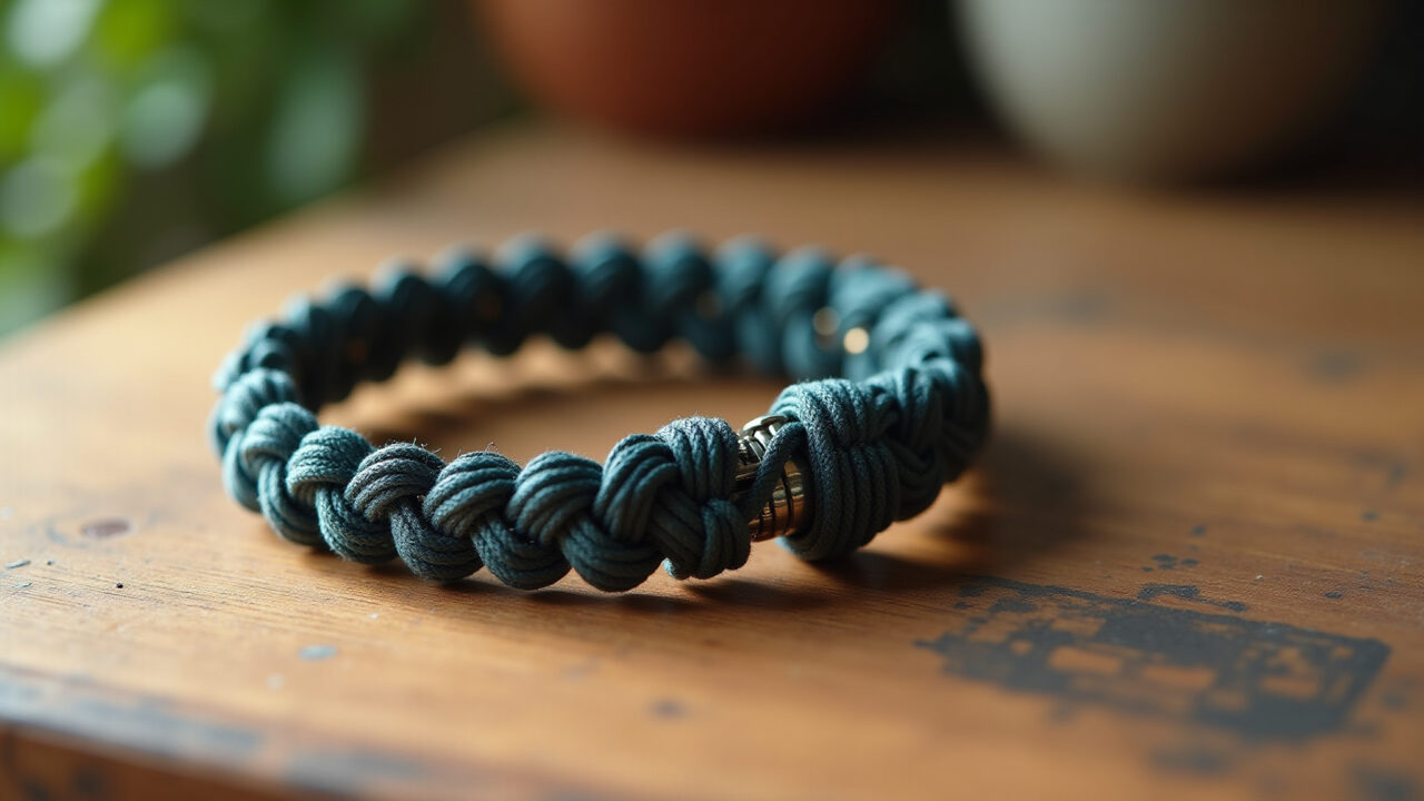 Close-up, commercial photography of a macrame bracelet with adjustable clasp on a wooden surface, Pulseira de macramê com fecho ajustável.