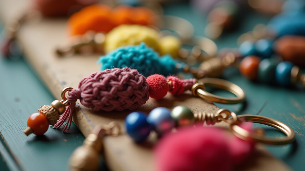 Close-up, commercial photography of a macrame keychain with colorful beads, artisanal detail, Chaveiro de macramê com miçangas coloridas.