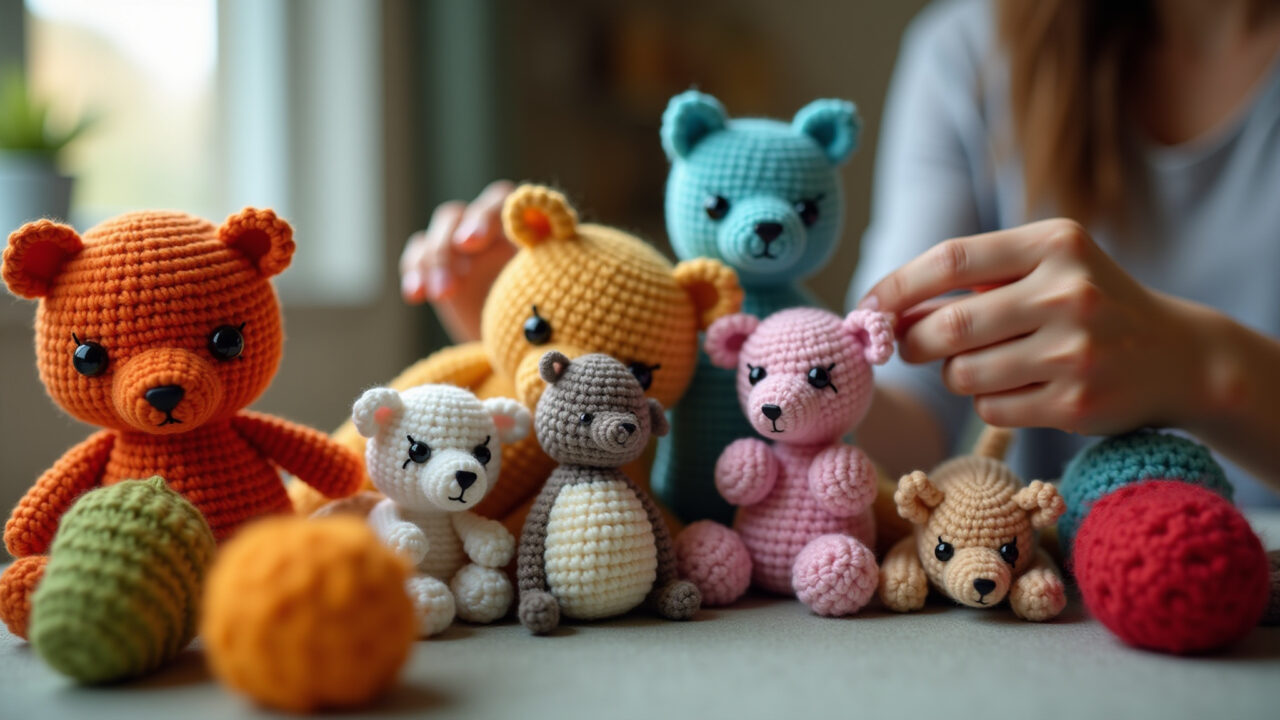 Close-up, diverse hands crocheting colorful amigurumi animals, natural light, cozy Brazilian home, Mãos diversas crocheteando amigurumis coloridos.