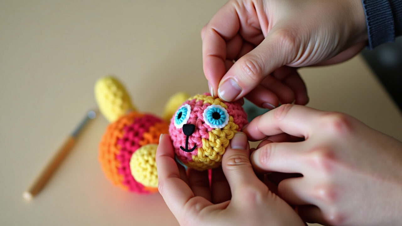 Close-up, hands attaching safety eyes to a colorful amigurumi toy, crochet hook nearby, natural Mãos fixando olhos de trava em amigurumi colorido.