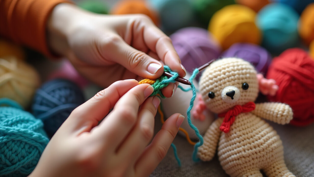 Close-up, hands crocheting amigurumi with colorful yarn, ergonomic crochet hook, natural light, 8k, Mãos habilidosas crocheteando um amigurumi colorido com agulha ergonômica.