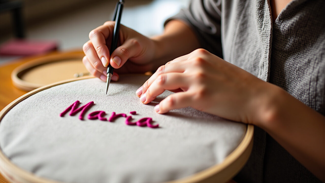 Close-up, hands embroidering 'Maria' on linen, natural light, vibrant colors, Brazilian artesanato, Mãos bordando o nome Maria em tecido de linho.