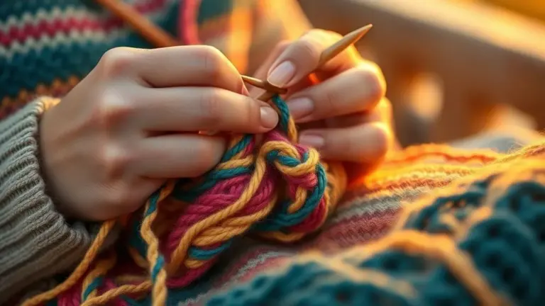 Mãos habilidosas tricotando e crocheteando lã colorida, artesanato brasileiro vibrante.