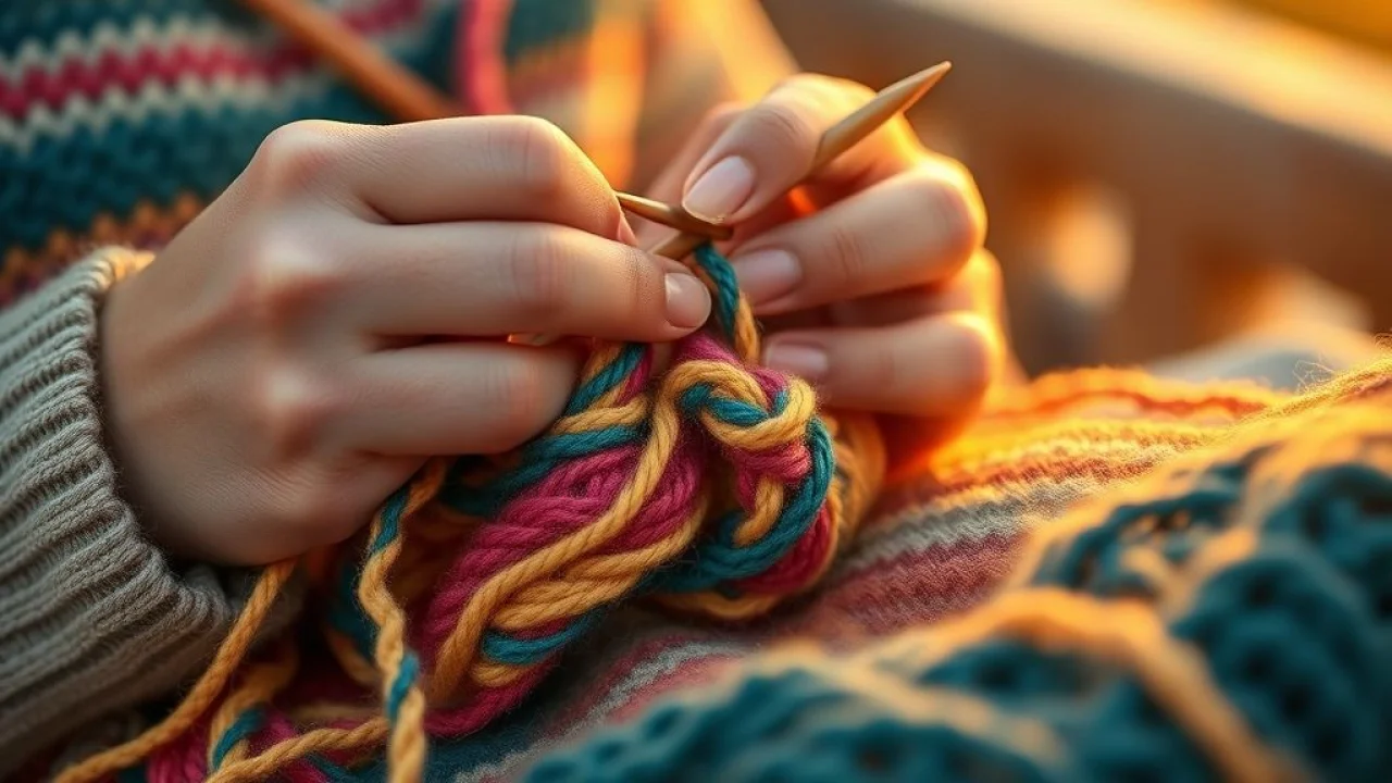 Tricô e crochê: qual a diferença e como escolher a técnica ideal para você? Mãos habilidosas tricotando e crocheteando lã colorida, artesanato brasileiro vibrante.