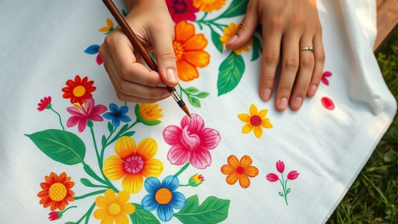 Mãos pintando flores coloridas em tecido de algodão branco. Tintas e pincéis em close.