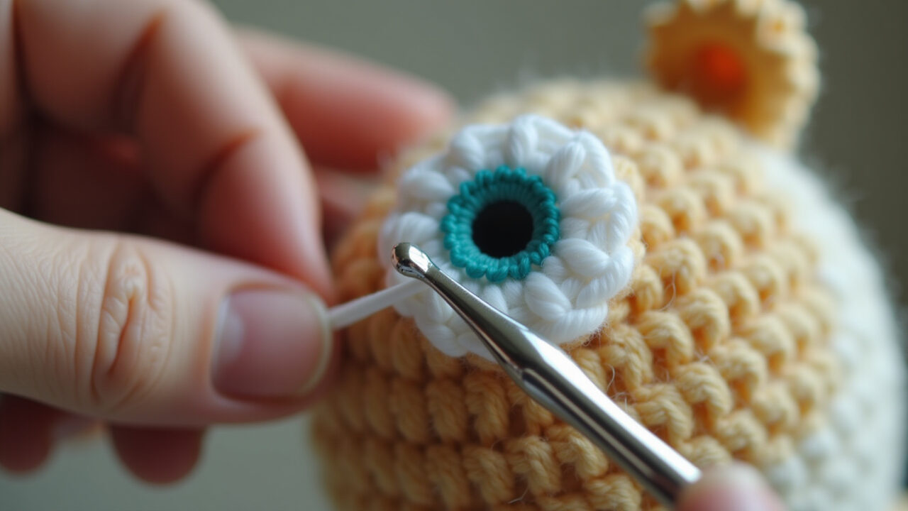 Close-up, inserting safety eye into amigurumi, crochet hook, soft focus, natural light, 8K, sharp Inserindo olho de trava em amigurumi.