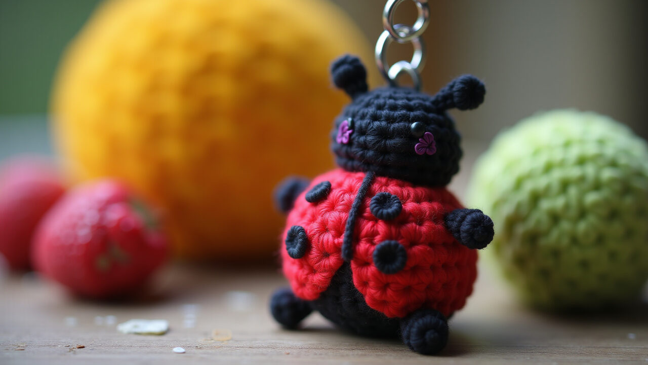 Close-up, ladybug amigurumi keychain, vibrant colors, crochet details, soft focus, natural light, Chaveiro de amigurumi joaninha, artesanal e colorido.