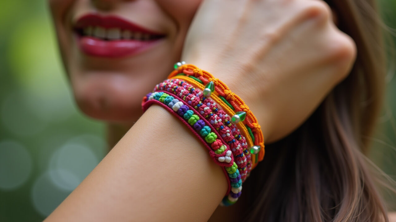 Close-up, lifestyle photography of a woman's wrist wearing a vibrant macrame bracelet with colorful Pulseira de macramê vibrante com miçangas coloridas no pulso de uma mulher.