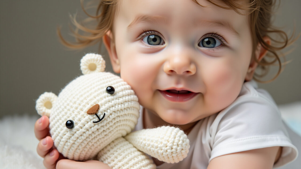 Close-up of a baby holding a soft amigurumi toy, natural light, safe materials, professional Bebê segurando amigurumi macio e seguro.