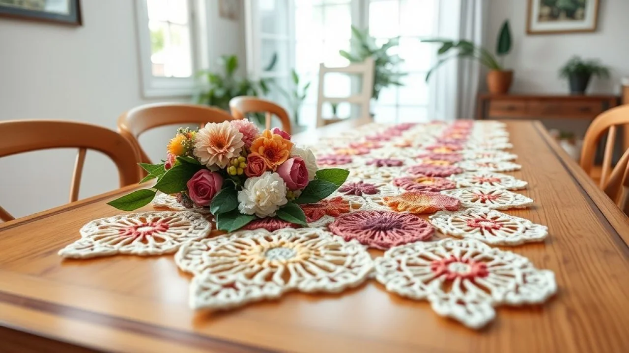 Close-up of a beautifully crocheted floral table runner on a polished wooden dining table, set in a Caminho de mesa de crochê floral em mesa de jantar, luz natural, aconchegante.