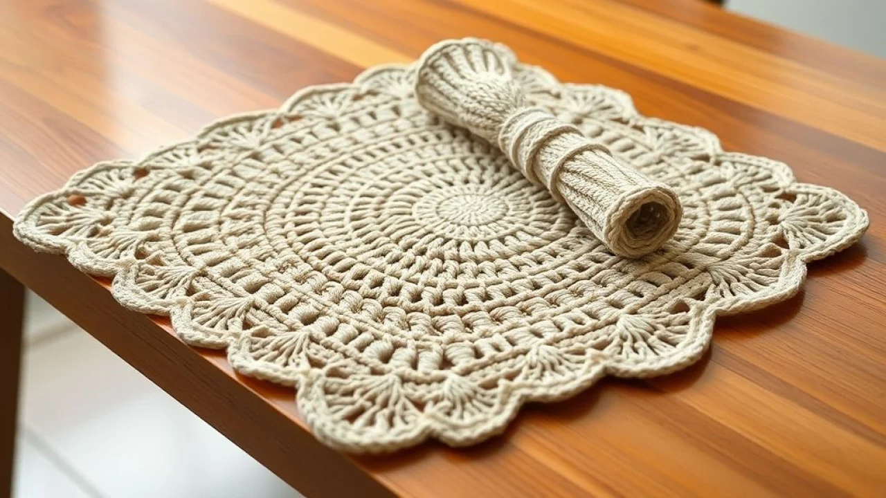 Close-up of a beautifully crocheted rectangular placemat in neutral tones on a polished wooden Sousplat de crochê retangular artesanal em tons neutros sobre mesa de madeira.