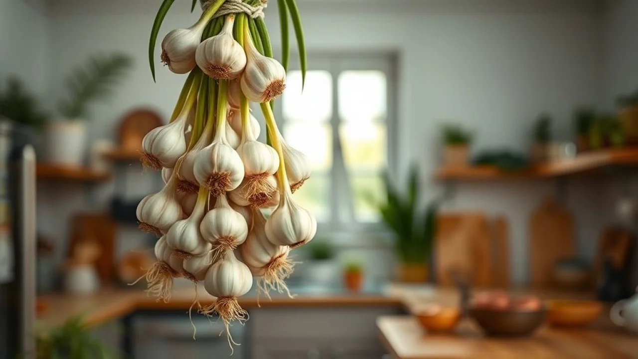 Close-up of a braid of homegrown garlic hanging in a bright, airy Brazilian kitchen. Professional Trança de alho caseiro pendurada na cozinha.