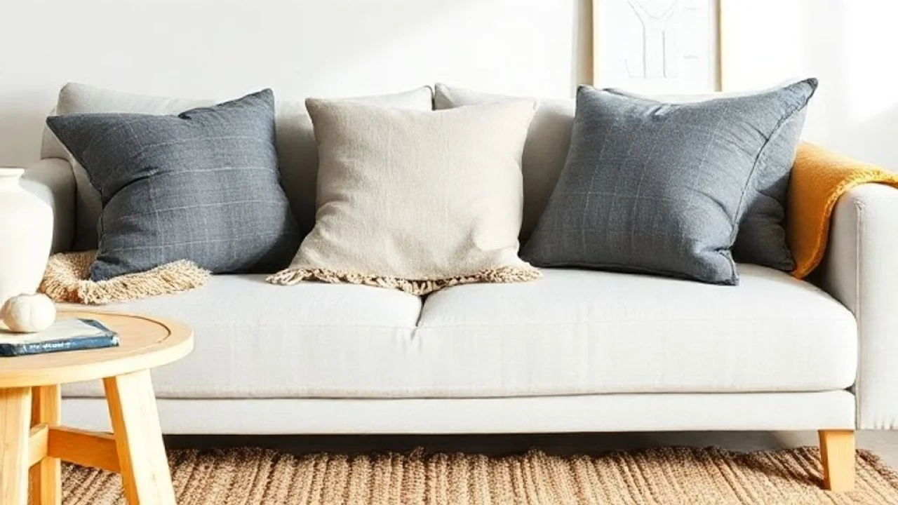 Close-up of a Brazilian living room featuring linen throw pillows in various shades of gray on a Almofadas de linho cinza, tapete de sisal e vaso de cerâmica em sala clean