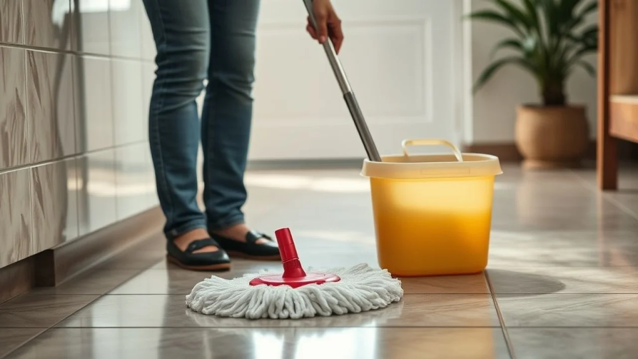 Mulher brasileira limpando piso de ladrilho hidráulico com sabão neutro.