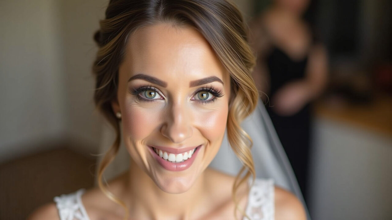 Close-up of a bride's face with a hairstyle that elongates her round face, subtle makeup, natural Close-up do rosto de uma noiva com penteado que alonga o rosto redondo.