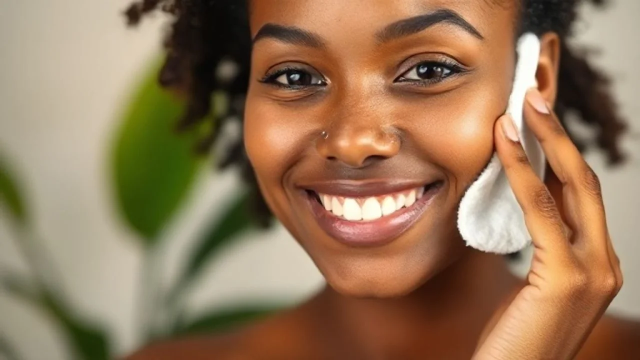 Mulher brasileira aplicando tônico facial caseiro com algodão, pele radiante.
