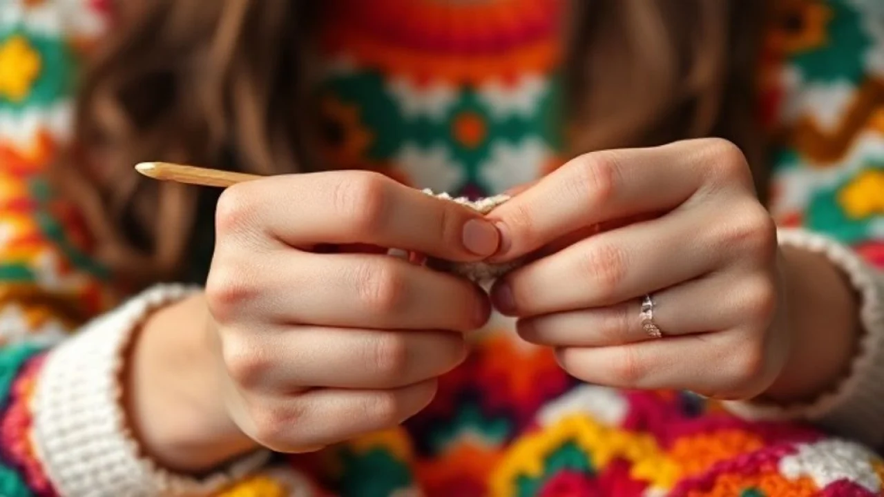 Close-up of a diverse woman's hands expertly crocheting a colorful pattern, soft lighting, vibrant Mãos habilidosas crocheteando com agulha, fios coloridos e foco no trabalho manual.