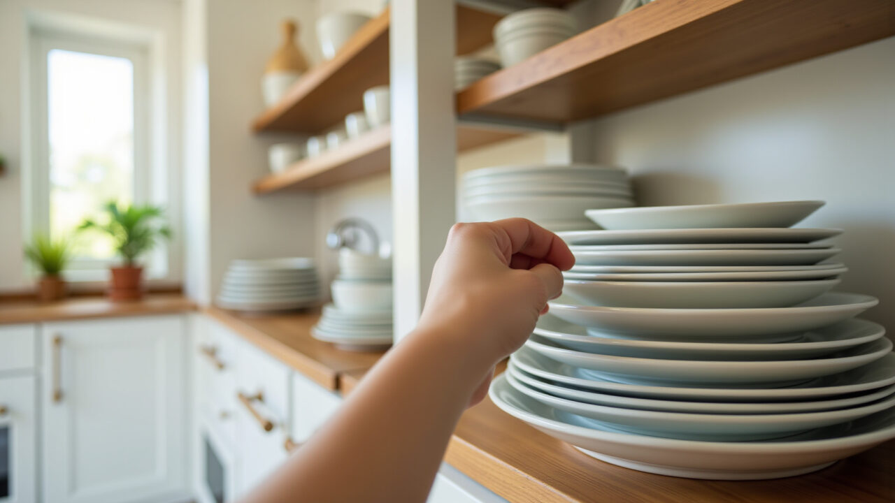 Close-up of a hand selecting a ceramic plate from a variety of dinnerware options in a bright, Mão escolhendo prato de cerâmica em cozinha moderna.