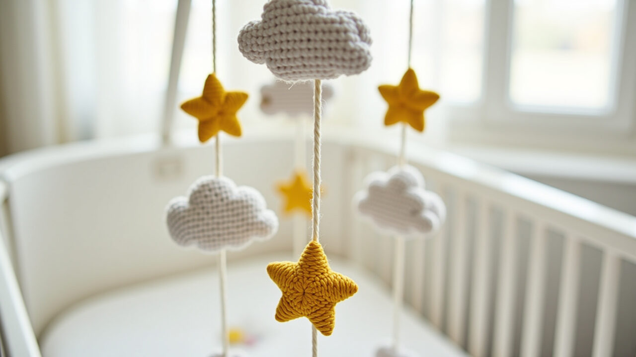 Close-up of a handcrafted amigurumi mobile with stars and clouds, organic cotton, soft natural Móbile de amigurumi com estrelas e nuvens para berço de bebê.