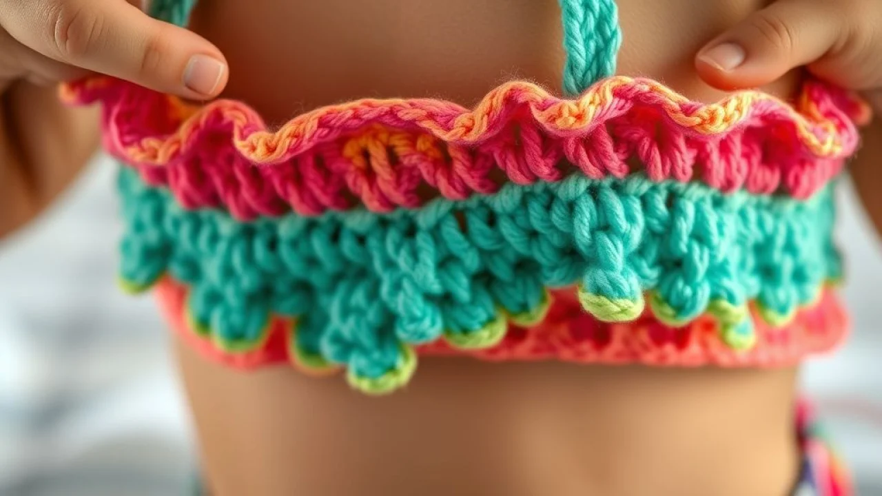 Close-up of a handcrafted crochet bikini top for a child, vibrant colors, detailed stitching, soft Biquíni de crochê infantil colorido, feito à mão, detalhes artesanais.