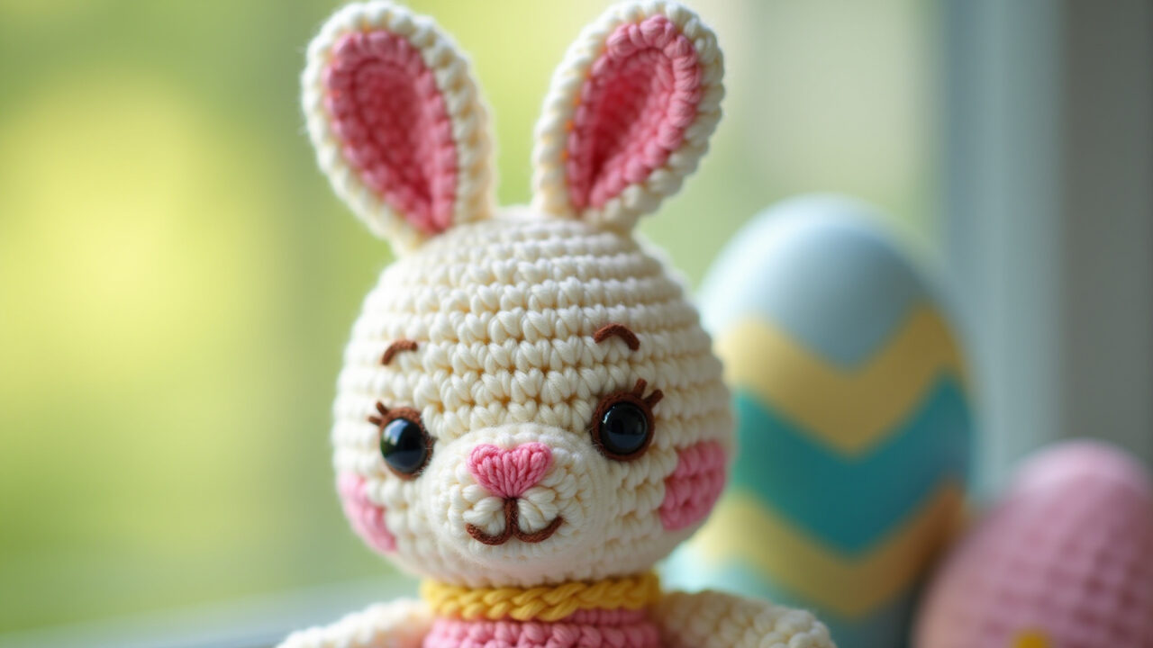 Close-up of a handcrafted Easter bunny amigurumi, vibrant colors, crochet details, soft natural Coelhinho de amigurumi clássico, feito à mão para a Páscoa.