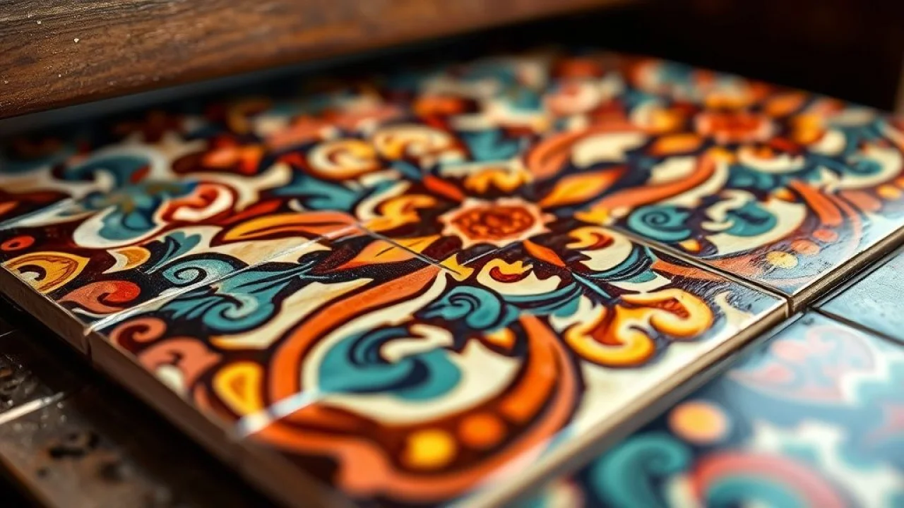 Detalhe da criação artesanal de ladrilho hidráulico com cores vibrantes.