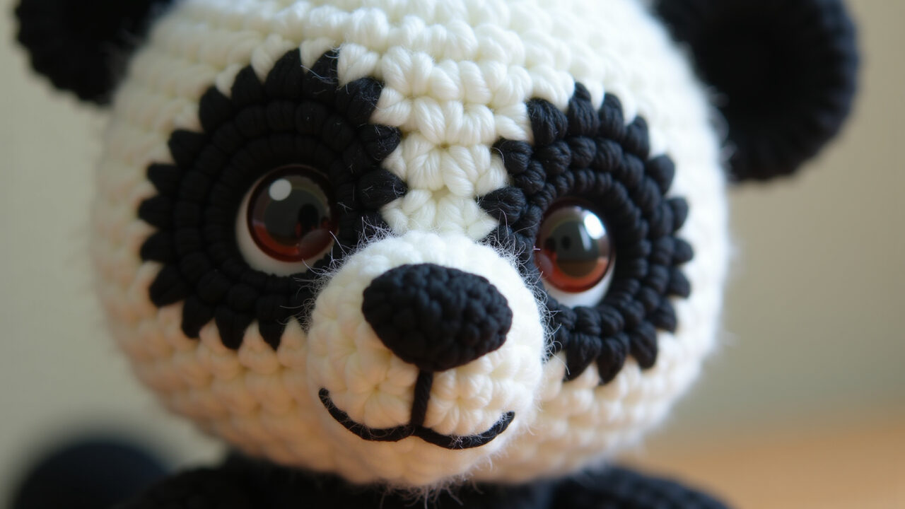 Amigurumi de urso panda feito à mão com detalhes em crochê.