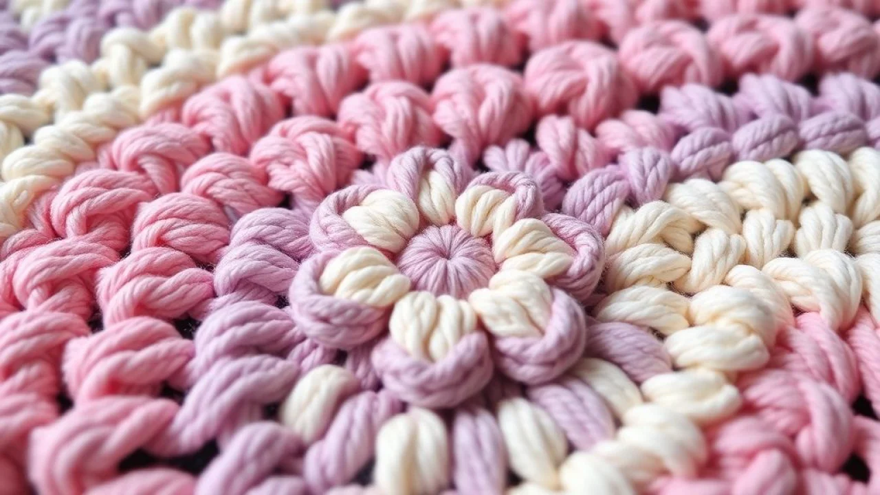 Close-up of a handmade crochet rug in pastel colors (pink, lavender, cream) featuring a simple Tapete de crochê artesanal rosa e lilás com padrão floral para quarto de menina
