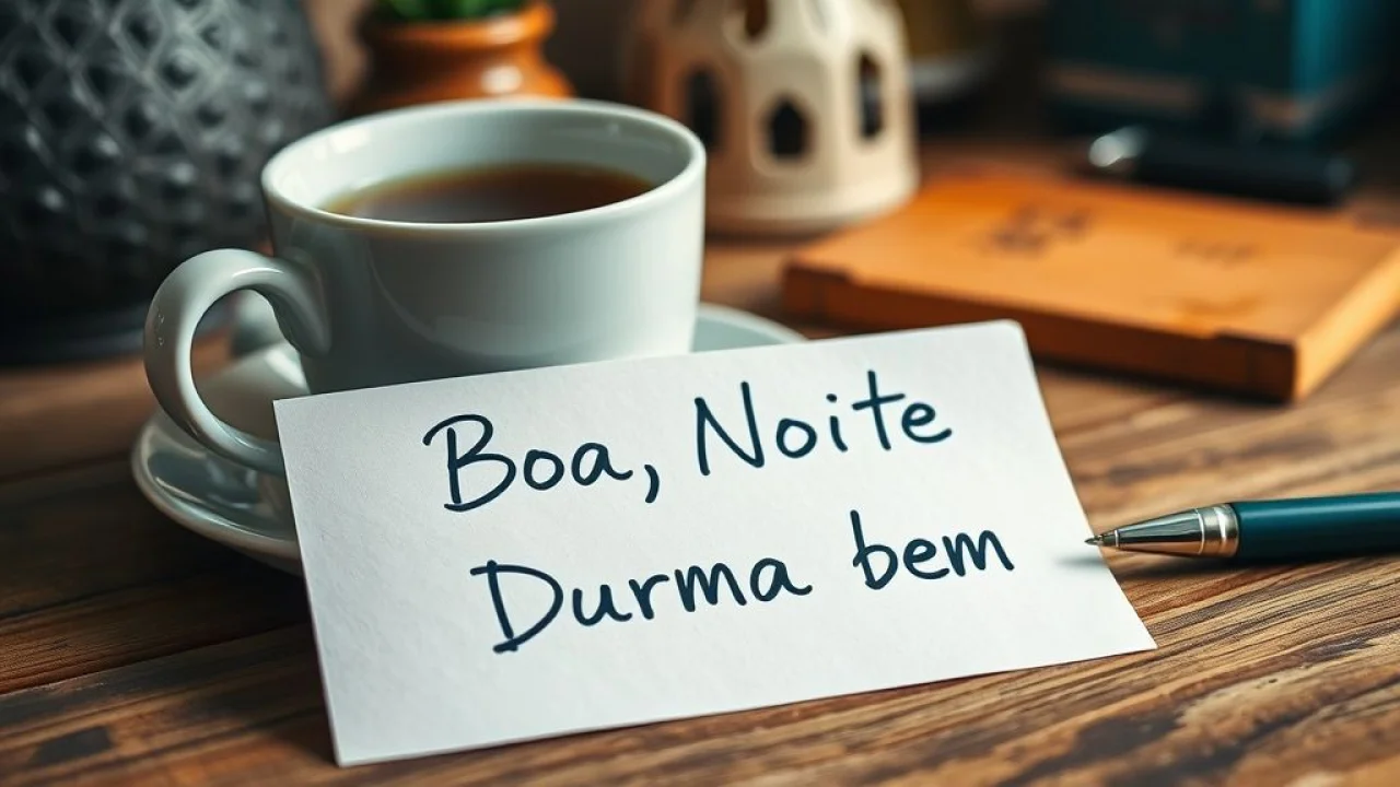 Close-up of a handwritten note in Portuguese saying 'Boa Noite! Durma bem!', resting on a wooden Bilhete manuscrito em português com mensagem de boa noite e chá de camomila.