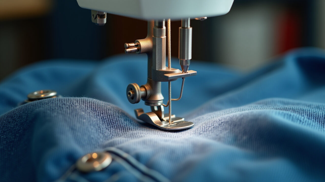 Close-up of a robust sewing machine expertly stitching thick denim, showcasing heavy-duty needle Máquina de costura industrial para jeans costurando tecido grosso.