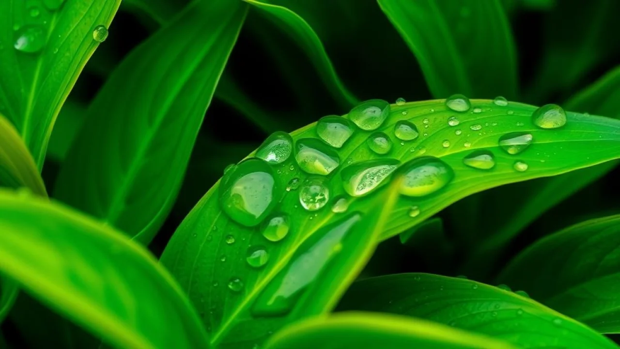 Close-up of a vibrant green plant with water droplets on its leaves, professional macro Planta verde vibrante com gotas d'água, close-up profissional.