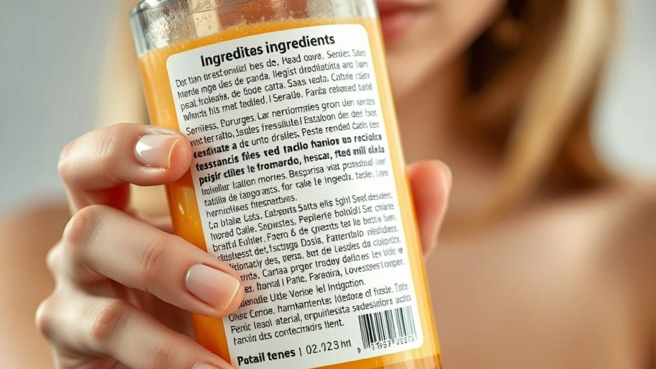 Close-up of a woman's hand carefully reading the ingredients label of a shampoo bottle in Mulher lendo rótulo de shampoo em português. Escolha consciente de ingredientes.