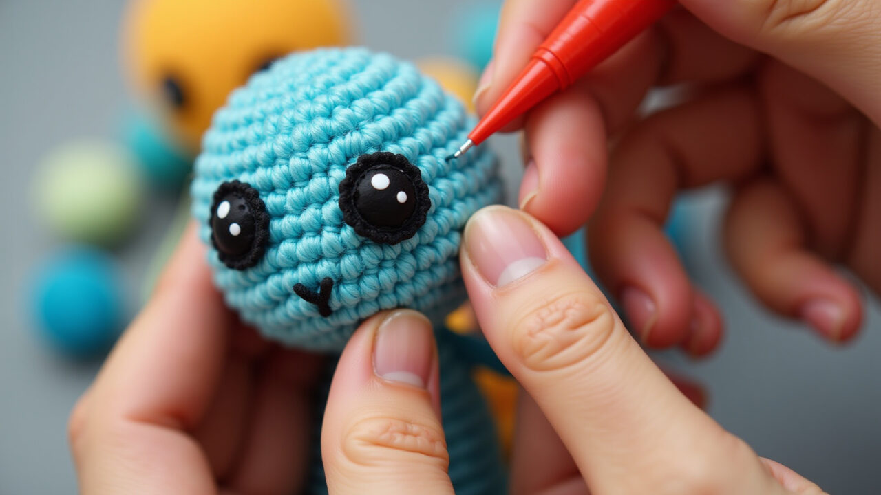 Close-up of amigurumi eyes being glued, details, craft project, hands, vibrant colors, studio Fixando olhos e detalhes em um amigurumi.
