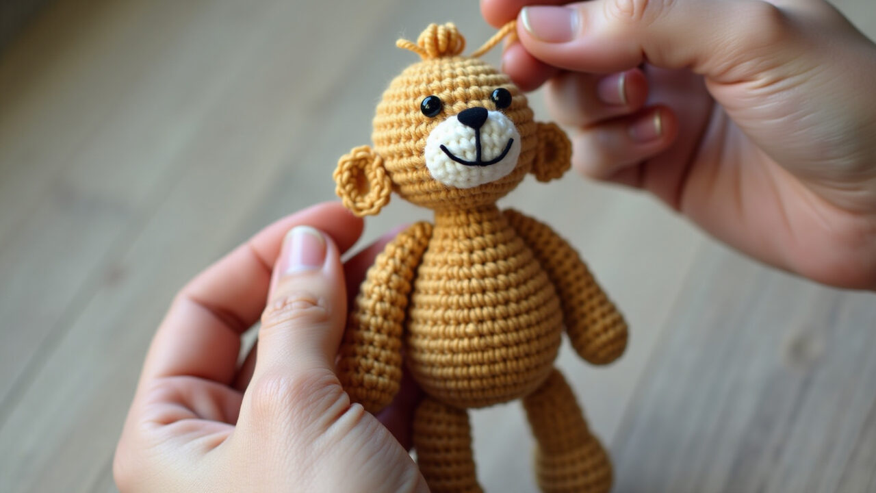 Close-up of deformed amigurumi due to tight yarn tension, relaxed hands crocheting correctly, Erro comum em amigurumi com fio conduzido.
