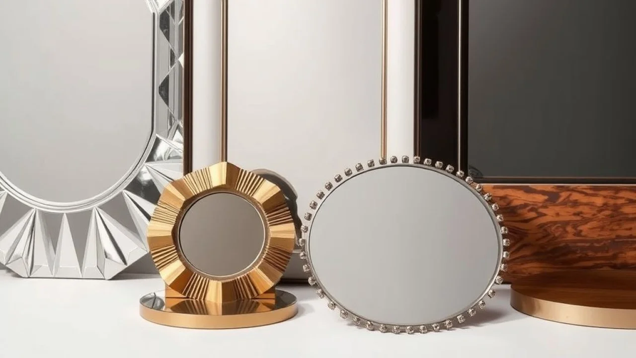 Close-up of different types of mirrors: crystal, bronze, fumê, and bisotê, arranged on a neutral Tipos de espelho: cristal, bronze, fumê e bisotê para sala de jantar.