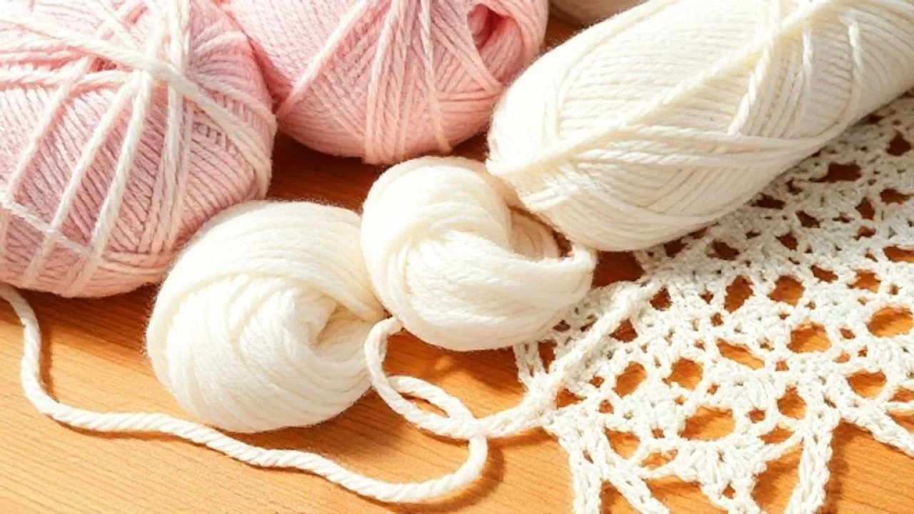 Close-up of different types of yarn suitable for crochet bikinis, including mercerized cotton, Tipos de fios para biquíni de crochê infantil: algodão, poliamida, elastano.