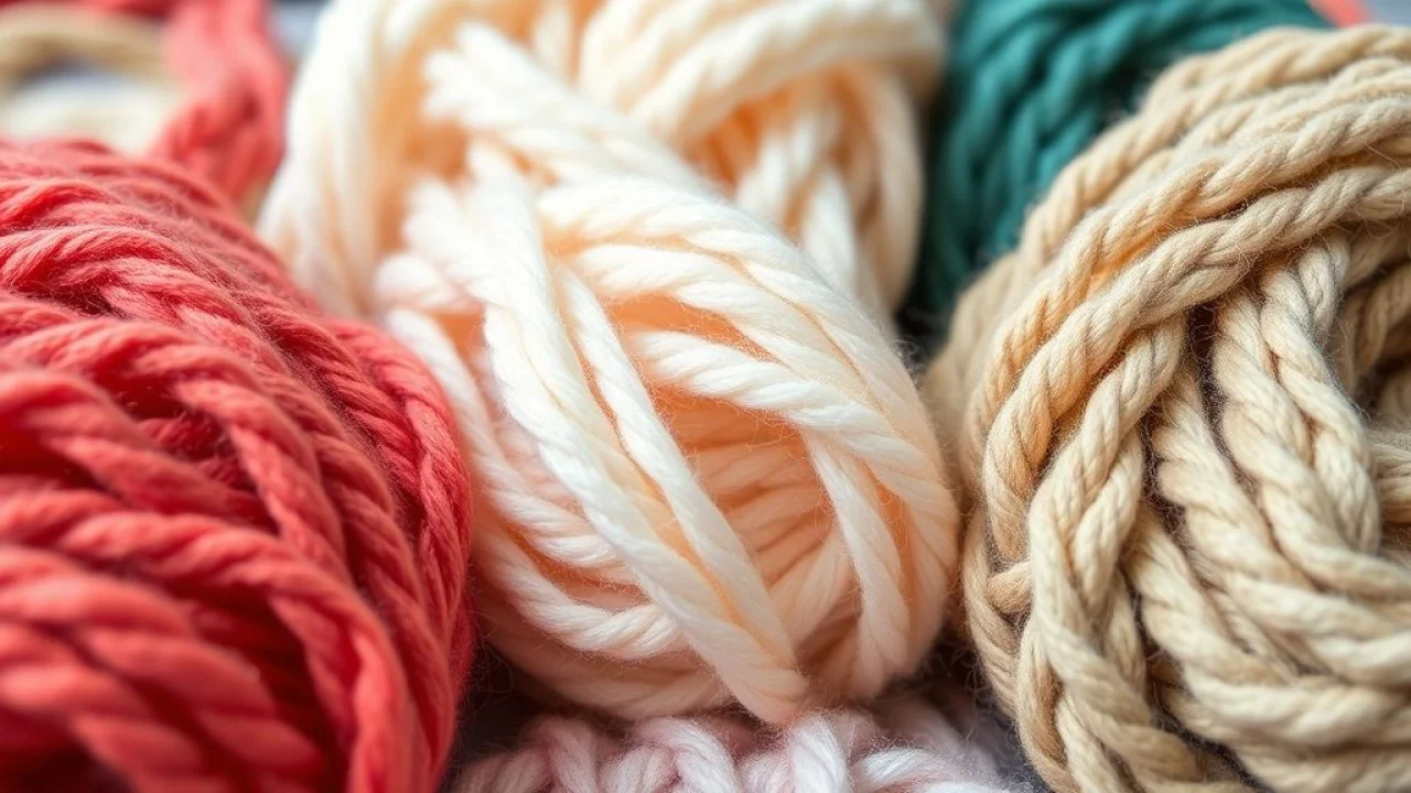 Close-up of different yarn materials used for crochet rugs: colorful barbante, soft fio de malha, Amostras de barbante, fio de malha e lã coloridos para tapetes de crochê