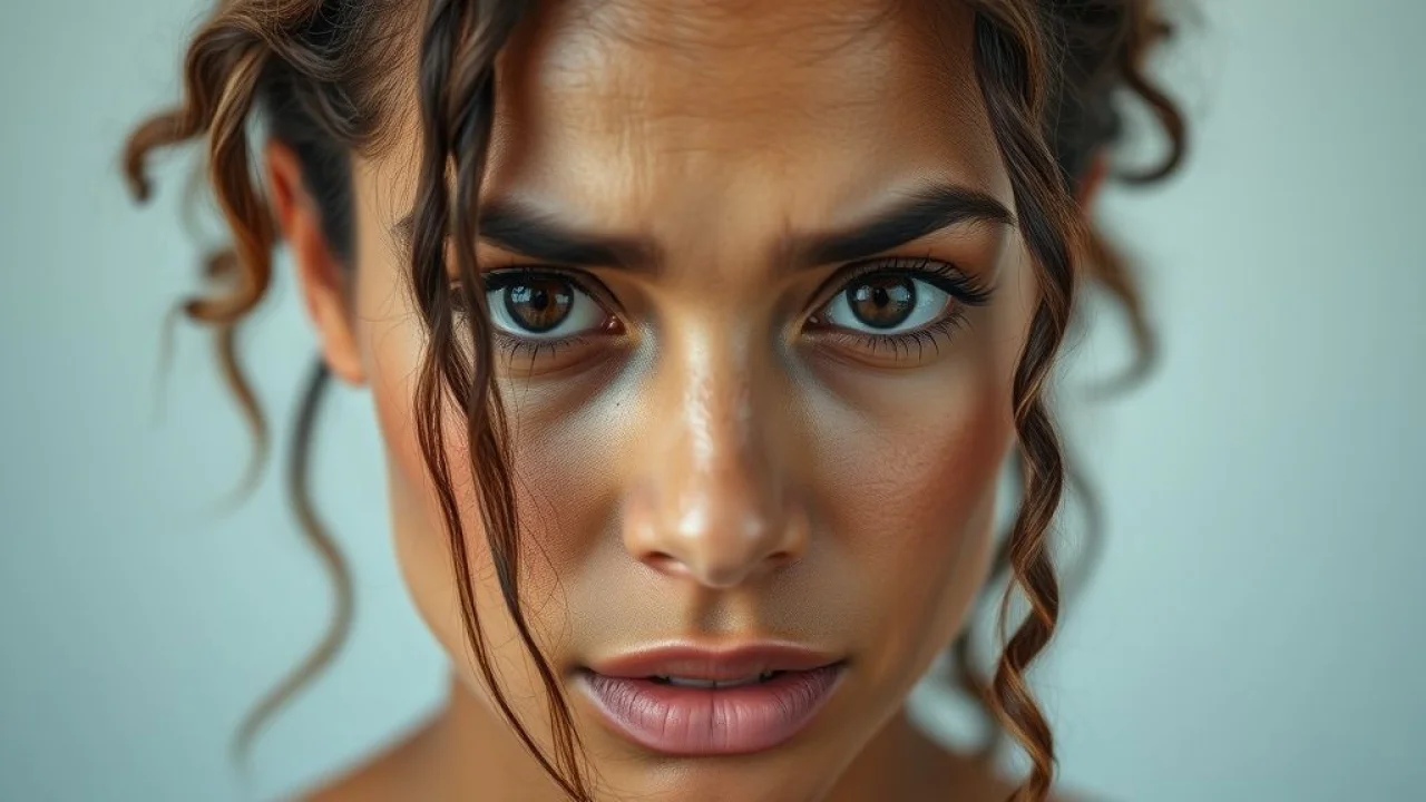 Close-up of diverse Brazilian woman with oily, fine hair looking concerned, soft lighting, shallow Mulher brasileira preocupada com cabelo oleoso e fino. Dificuldades capilares.