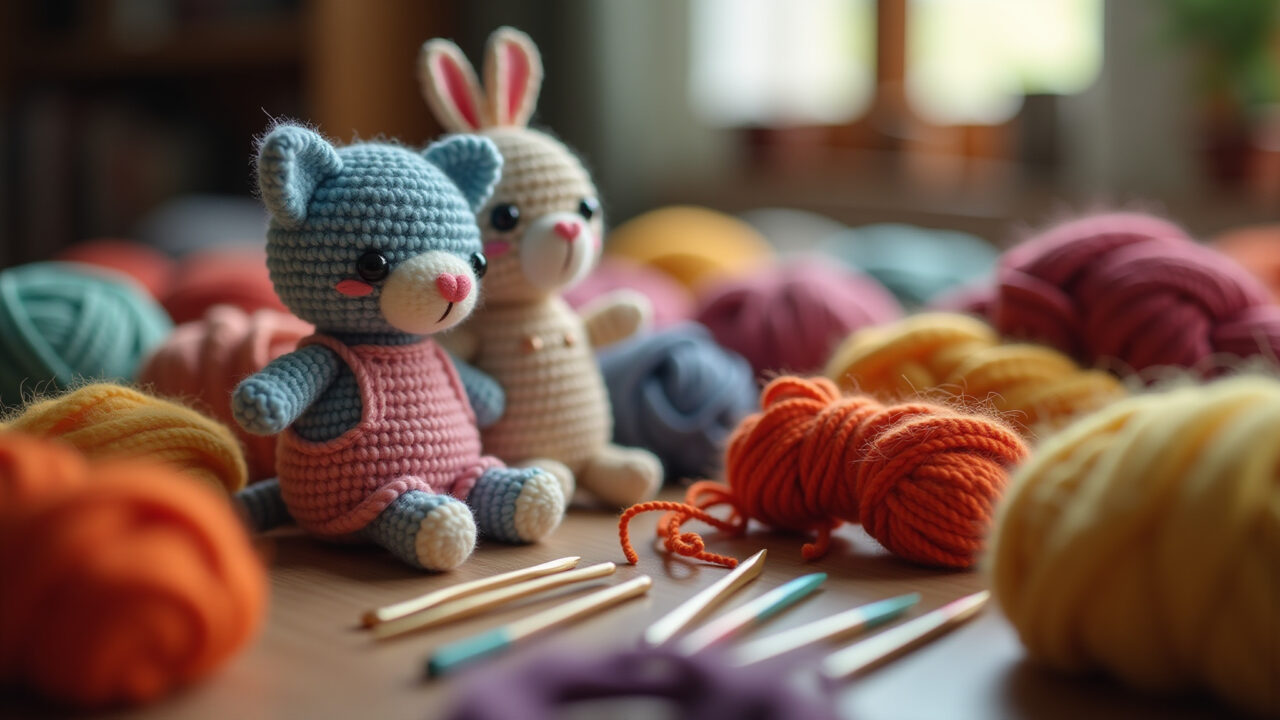 Close-up of diverse hands crafting amigurumi, vibrant yarn, crochet hooks, natural light, cozy Mãos diversas criando amigurumis coloridos.