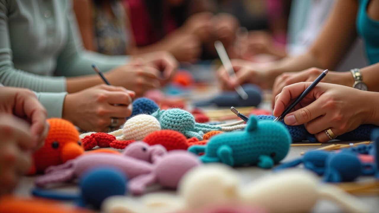 Close-up of diverse hands crafting amigurumis at a vibrant Brazilian craft fair, showcasing various Artesãos criando amigurumis coloridos em feira de artesanato.