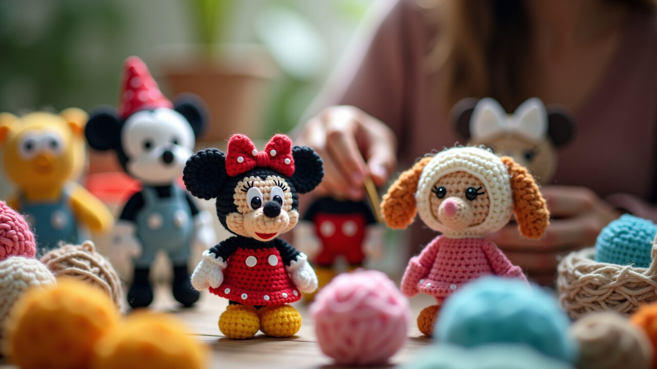 Close-up of diverse hands crafting Disney amigurumi figures, natural lighting, yarn textures, Mãos diversas criando amigurumis dos clássicos da Disney.